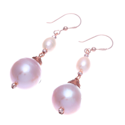 Rose gold-plated cultured pearl dangle earrings, 'Sea Glow' - Rose Gold-Plated Cultured Pearl Dangle Earrings