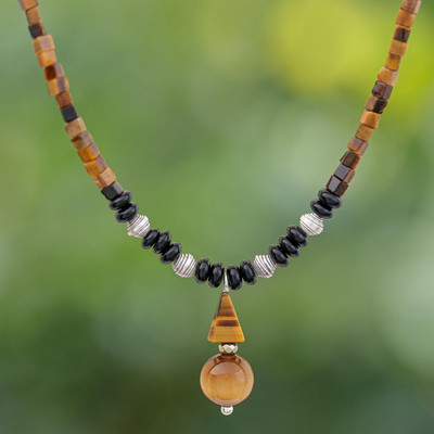 Multi-gemstone pendant necklace, 'Basking Beauty' - Handmade Tiger's Eye and Onyx Pendant Necklace