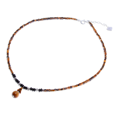Multi-gemstone pendant necklace, 'Basking Beauty' - Handmade Tiger's Eye and Onyx Pendant Necklace
