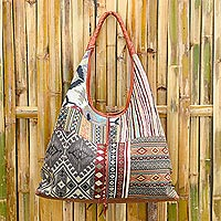 Leather-accented cotton blend hobo handbag, 'Warm Geometry' - Leather Accented Cotton Blend Hobo Handbag
