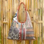 Leather-accented cotton blend hobo handbag, 'Warm Geometry' - Leather Accented Cotton Blend Hobo Handbag
