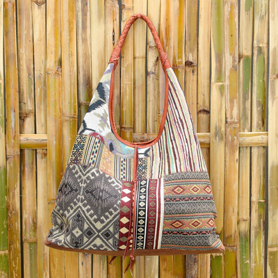 Leather-accented cotton blend hobo handbag, 'Warm Geometry' - Leather Accented Cotton Blend Hobo Handbag
