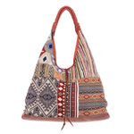 Leather-accented cotton blend hobo handbag, 'Warm Geometry' - Leather Accented Cotton Blend Hobo Handbag