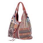 Leather-accented cotton blend hobo handbag, 'Warm Geometry' - Leather Accented Cotton Blend Hobo Handbag