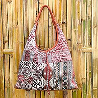 Leather-accented cotton blend hobo handbag, Geometric Party