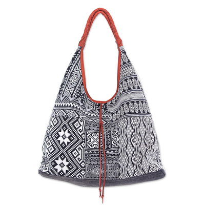 Leather-accented cotton blend hobo handbag, 'Geometric Classic' - Woven Cotton Blend Hobo Handbag