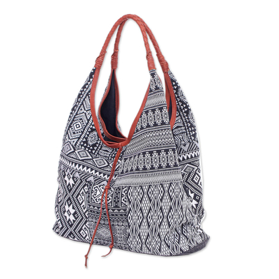 Leather-accented cotton blend hobo handbag, 'Geometric Classic' - Woven Cotton Blend Hobo Handbag