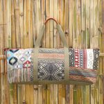 Leather-accented cotton blend yoga bag, 'Summer Fit' - Geometric Patterned Cotton Blend Yoga Mat Bag