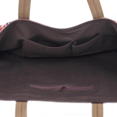 Leather-accented cotton blend yoga bag, 'Summer Fit' - Geometric Patterned Cotton Blend Yoga Mat Bag