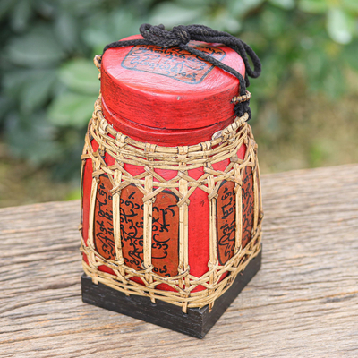 Decorative bamboo jar, 'Lanna Letter in Medium' - Hand Made Decorative Bamboo and Wood Jar