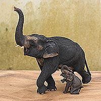 Teak wood sculpture, 'Happy Together' (pair) - Hand Carved Teak Wood Elephant Sculptures (Pair)