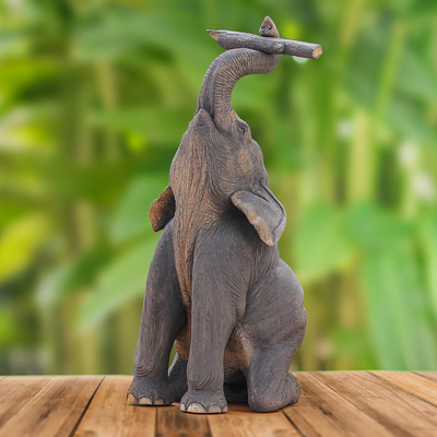 Escultura de madera de teca - Escultura artesanal de elefante en madera de teca