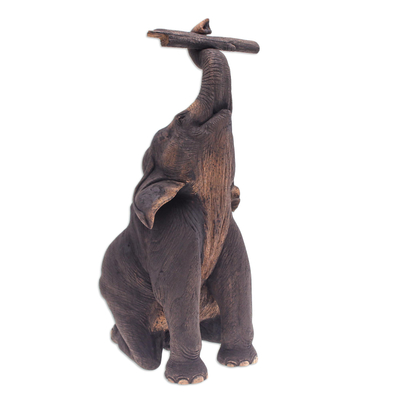 Escultura de madera de teca - Escultura artesanal de elefante en madera de teca