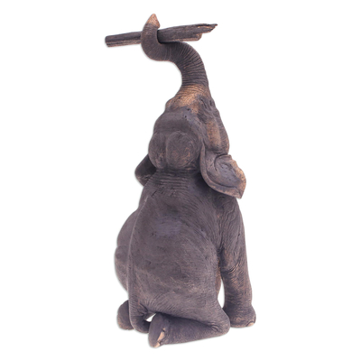 Teak wood sculpture, 'Happy Child' - Artisan Crafted Teak Wood Elephant Sculpture