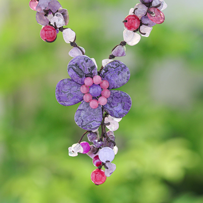 Multi-gemstone pendant necklace, 'Purple Power' - Agate and Amethyst Floral Pendant Necklace