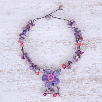 Collar con colgante de múltiples piedras preciosas - Collar con colgante floral de ágata y amatista