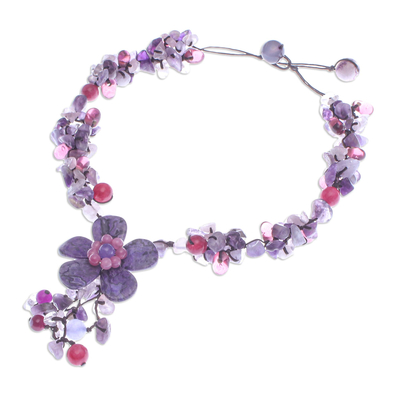 Multi-gemstone pendant necklace, 'Purple Power' - Agate and Amethyst Floral Pendant Necklace