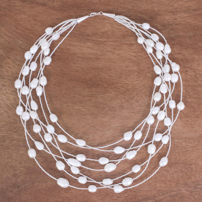 Cultured pearl station necklace, 'Perfect White' - Cultured Pearl and Glass Bead Station Necklace