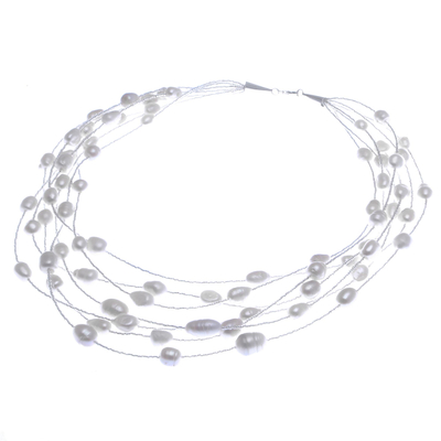 Cultured pearl station necklace, 'Perfect White' - Cultured Pearl and Glass Bead Station Necklace