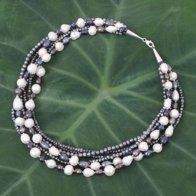 Cultured pearl station necklace, 'Contrasting Sea' - Hand Made Cultured Pearl Station Necklace