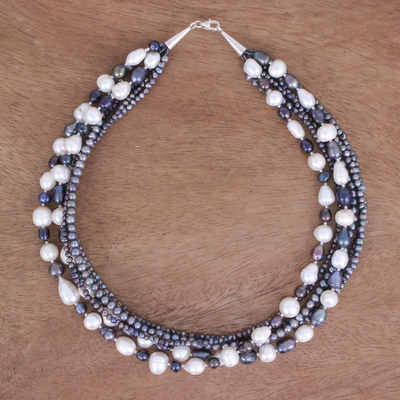 Cultured pearl station necklace, 'Contrasting Sea' - Hand Made Cultured Pearl Station Necklace