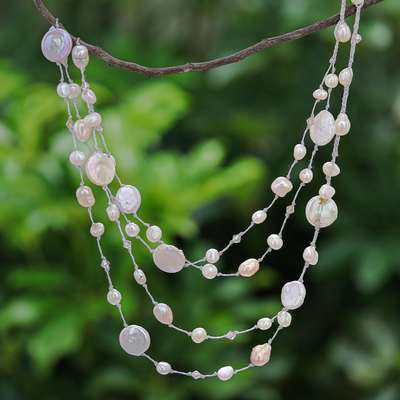 Cultured Freshwater Pearl and Glass Beaded Necklace - Glowing Coins in  Peach