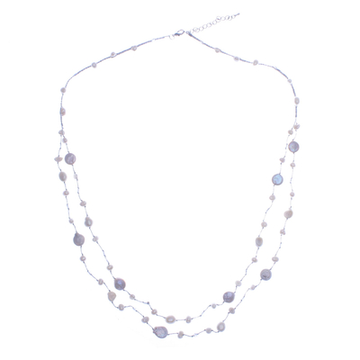 Cultured pearl beaded necklace, 'Glowing Coins in White' - Handmade Cultured Pearl and Glass Beaded Necklace
