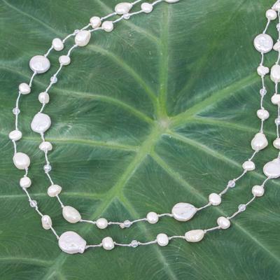 Cultured pearl beaded necklace, 'Glowing Coins in White' - Handmade Cultured Pearl and Glass Beaded Necklace