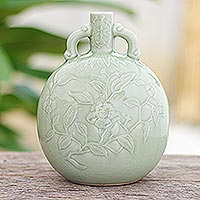 Celadon ceramic vase, 'Flower Bunch' - Hand Made Celadon Ceramic Floral Vase