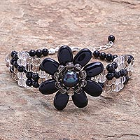 Cultured pearl pendant bracelet, 'Black Garden' - Cultured Pearl and Glass Bead Floral Bracelet