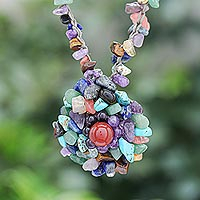 Multi-gemstone macrame pendant necklace, 'Rainbow Earth' - Amethyst and Lapis Lazuli Macrame Pendant Necklace