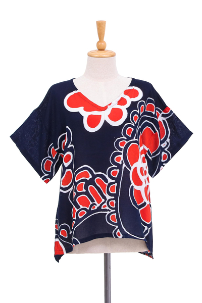 Batikbluse aus Baumwolle - Bluse aus Baumwollbatik mit Blumenmotiv