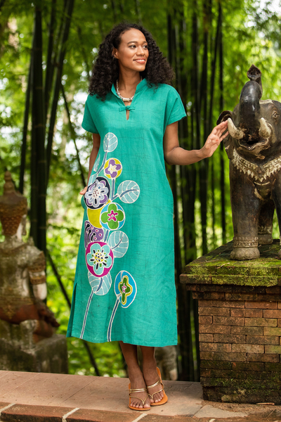 Cotton batik sheath dress, 'Lovely Jade' - Hand Made Cotton Batik Cheongsam Dress