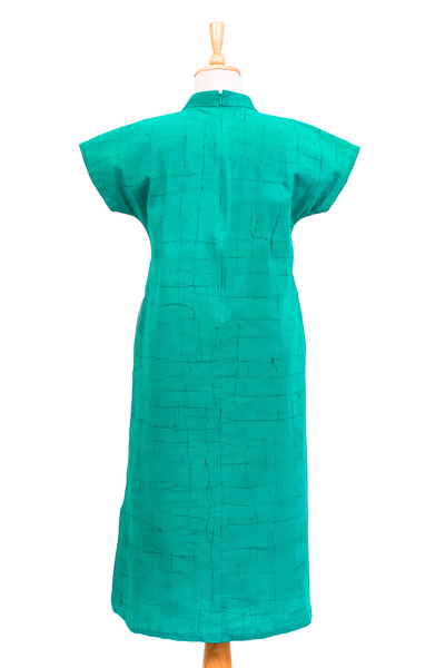 Cotton batik sheath dress, 'Lovely Jade' - Hand Made Cotton Batik Cheongsam Dress