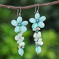 Multi-gemstone dangle earrings, 'Petal Passion in Seafoam' - Amazonite and Cultured Pearl Floral Earrings