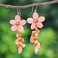 Multi-gemstone dangle earrings, 'Petal Passion in Orange' - Aventurine and Cultured Pearl Floral Earrings