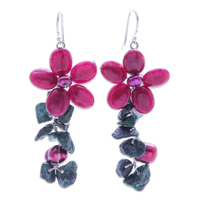 Serpentine and Cultured Pearl Floral Earrings