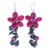 Multi-gemstone dangle earrings, 'Petal Passion in Fuchsia' - Serpentine and Cultured Pearl Floral Earrings