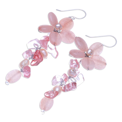 Quartz and cultured pearl dangle earrings, 'Petal Passion in Pink' - Pink Quartz and Cultured Pearl Floral Earrings