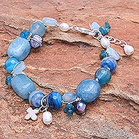 Multi-gemstone charm bracelet, 'Blue Hawaii' - Aquamarine and Cultured Pearl Beaded Charm Bracelet