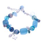 Multi-gemstone charm bracelet, 'Blue Hawaii' - Aquamarine and Cultured Pearl Beaded Charm Bracelet