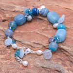 Multi-gemstone charm bracelet, 'Blue Hawaii' - Aquamarine and Cultured Pearl Beaded Charm Bracelet