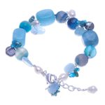Multi-gemstone charm bracelet, 'Blue Hawaii' - Aquamarine and Cultured Pearl Beaded Charm Bracelet