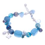 Multi-gemstone charm bracelet, 'Blue Hawaii' - Aquamarine and Cultured Pearl Beaded Charm Bracelet