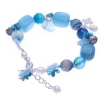 Multi-gemstone charm bracelet, 'Blue Hawaii' - Aquamarine and Cultured Pearl Beaded Charm Bracelet