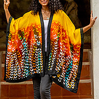 Leinen-Batik-Kimono-Jacke, „Lucky Autumn“ – handgefertigte Leinen-Batik-Kimono-Jacke