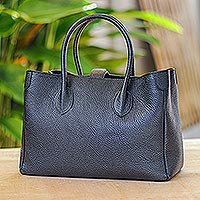 Leather handle handbag, 'Elegant Lady' - Black Leather Handle Handbag from Thailand