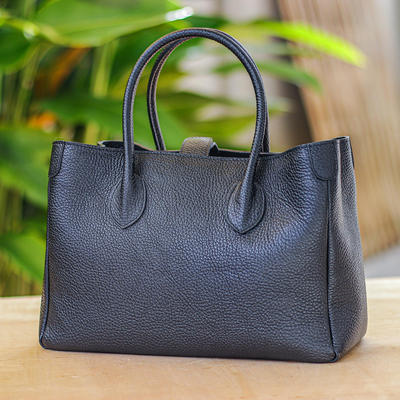 Handtasche mit Ledergriff - Schwarze Handtasche mit Ledergriff aus Thailand