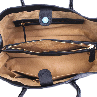 Leather handle handbag, 'Elegant Lady' - Black Leather Handle Handbag from Thailand
