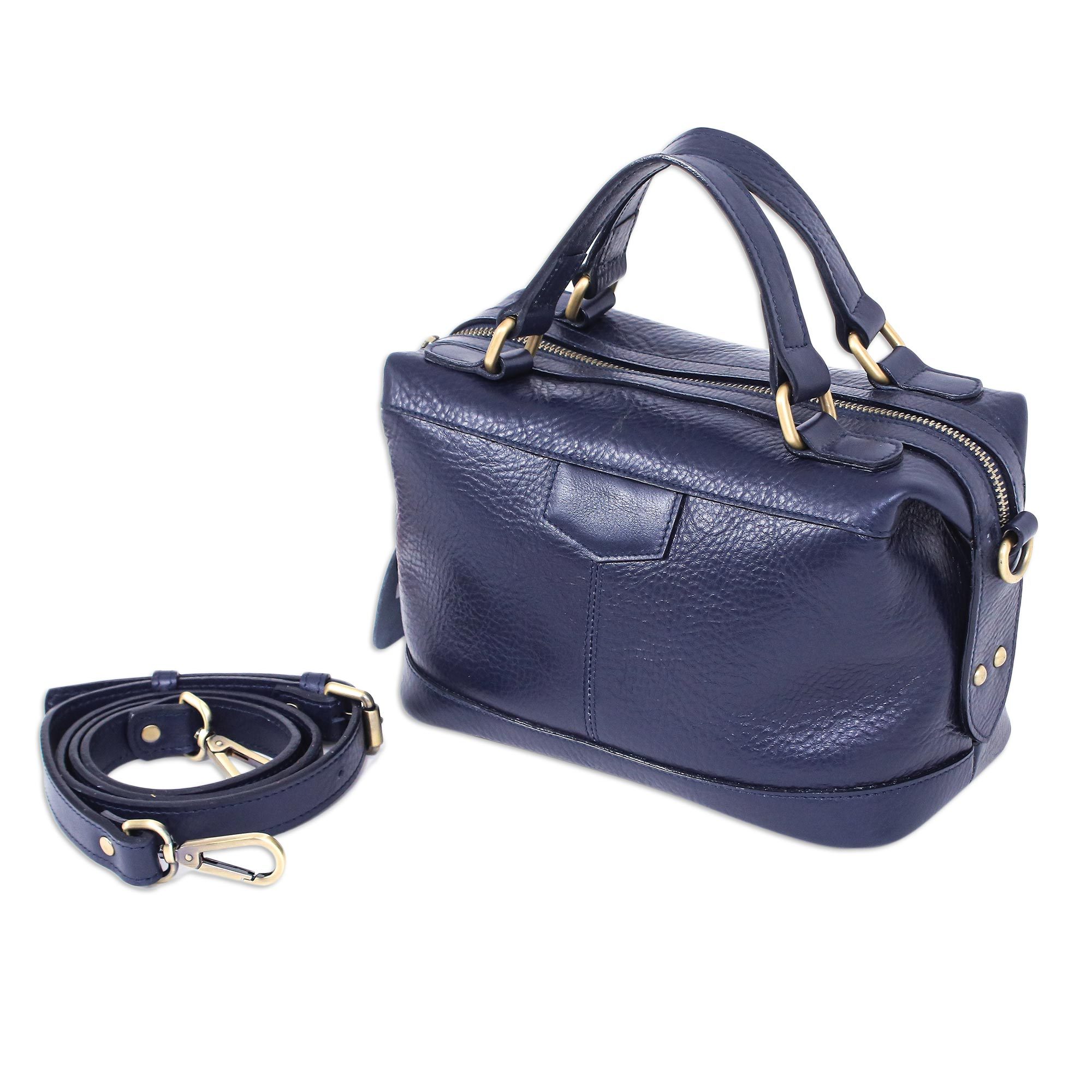 Handmade Navy Leather Sling Bag Lovely Day in Navy NOVICA